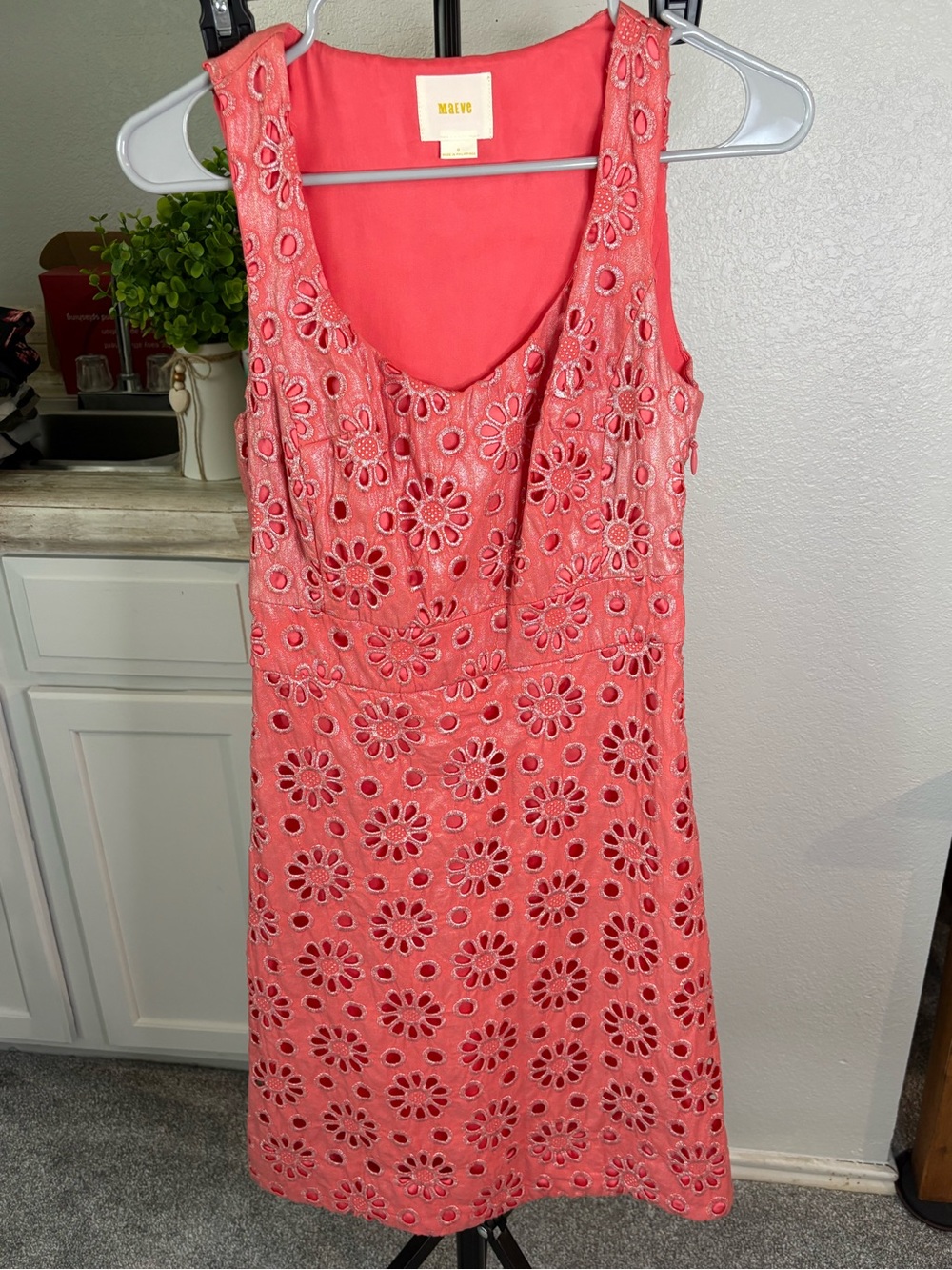 Maeve Coral Pink Floral Eyelet Midi Dress